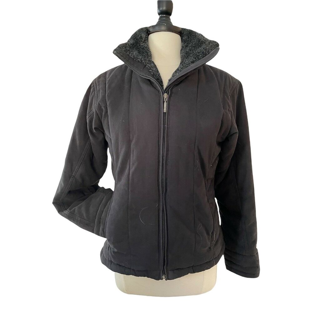 Columbia‎ Sz M Women Black Faux suede Puffer Quilted Jacket w Faux Fur collar